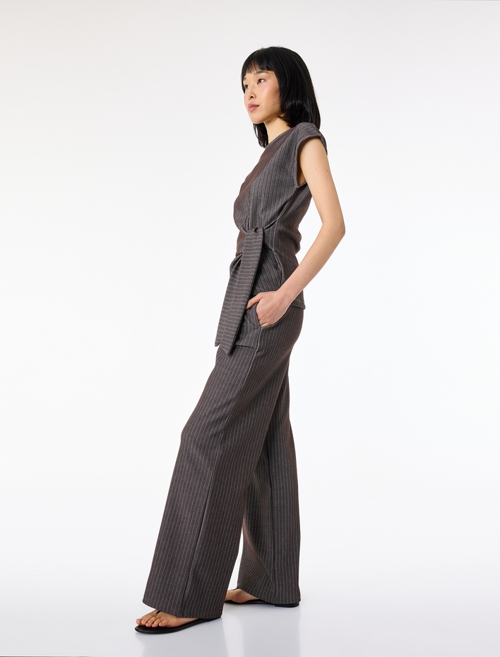  Beli Bağcıklı Cepli Düz Bol Paça Çizgili Pantolon