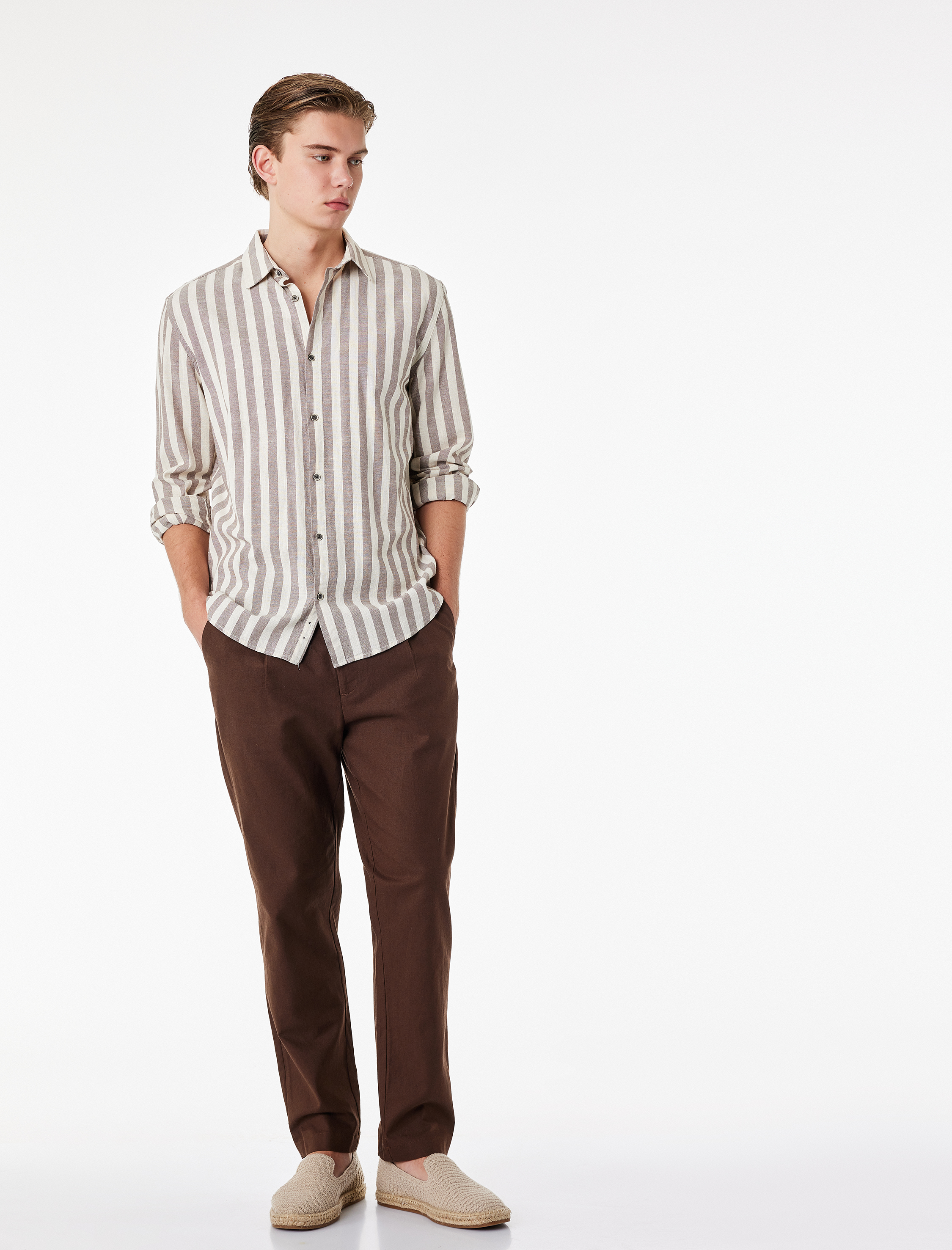 Regular Fit Beli Lastikli Düğmeli Düz Paça Keten Karışımlı Chino Pantolon - Görsel 2