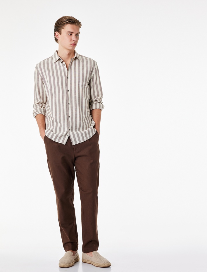  Regular Fit Beli Lastikli Düğmeli Düz Paça Keten Karışımlı Chino Pantolon