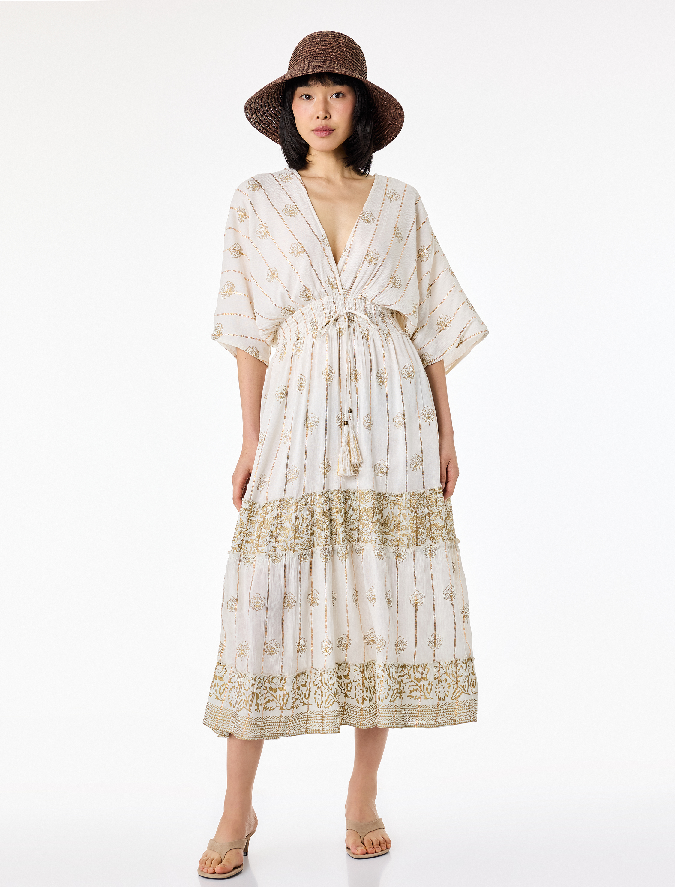   Viskon Karışımlı Kısa Yarasa Kollu Etnik Desenli Kruvaze Simli Midi Boy Elbise