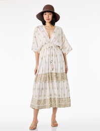 Viskon Karışımlı Kısa Yarasa Kollu Etnik Desenli Kruvaze Simli Midi Boy Elbise