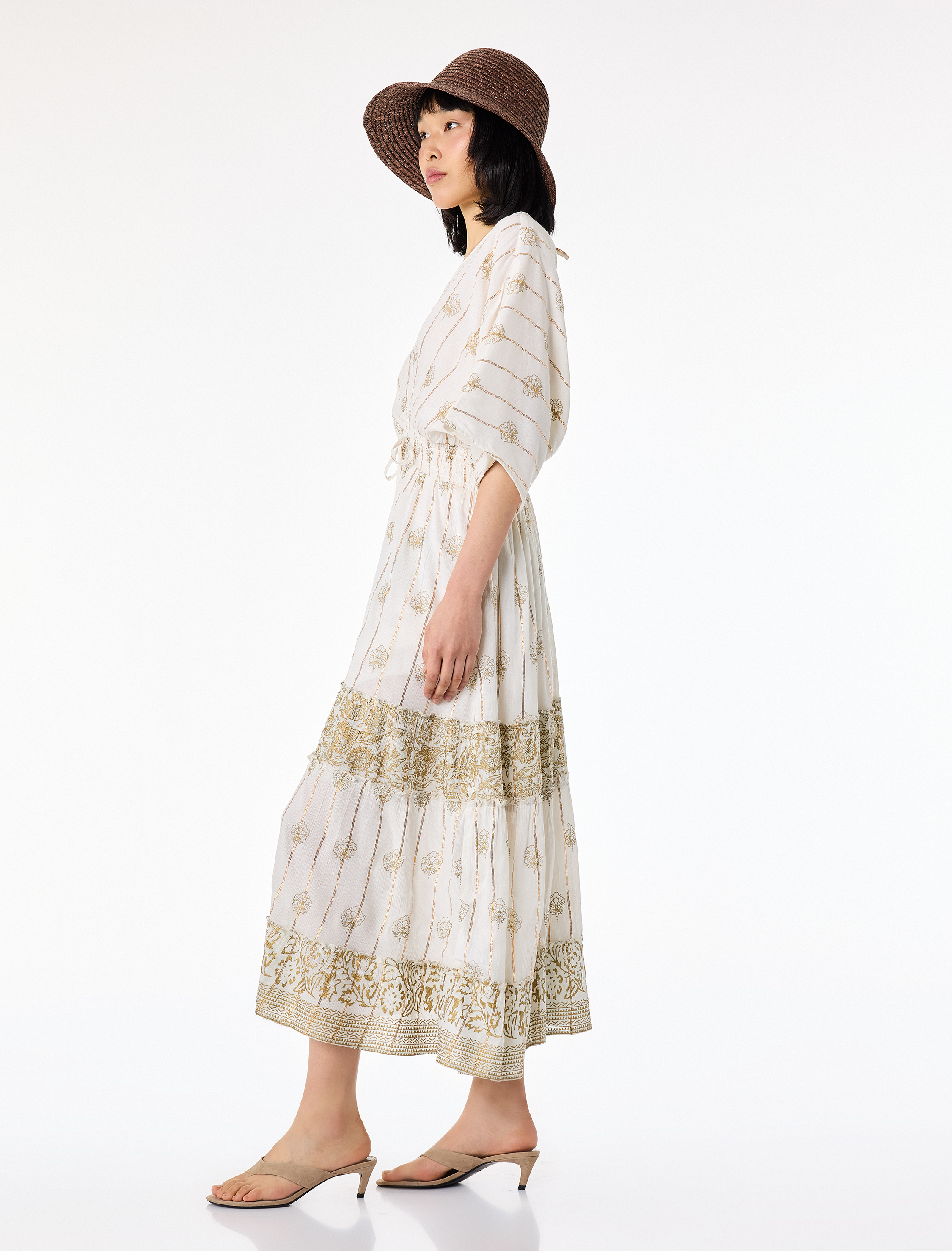   Viskon Karışımlı Kısa Yarasa Kollu Etnik Desenli Kruvaze Simli Midi Boy Elbise