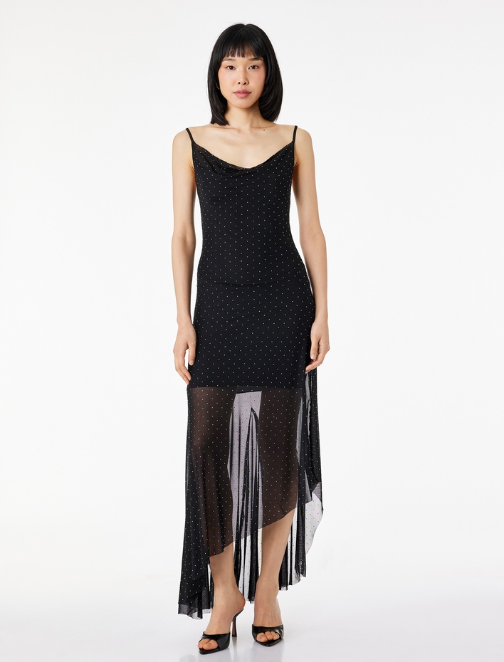  Degaje Yaka Asimetrik Kesim Kolsuz Taş Detaylı Uzun Abiye Tül Elbise