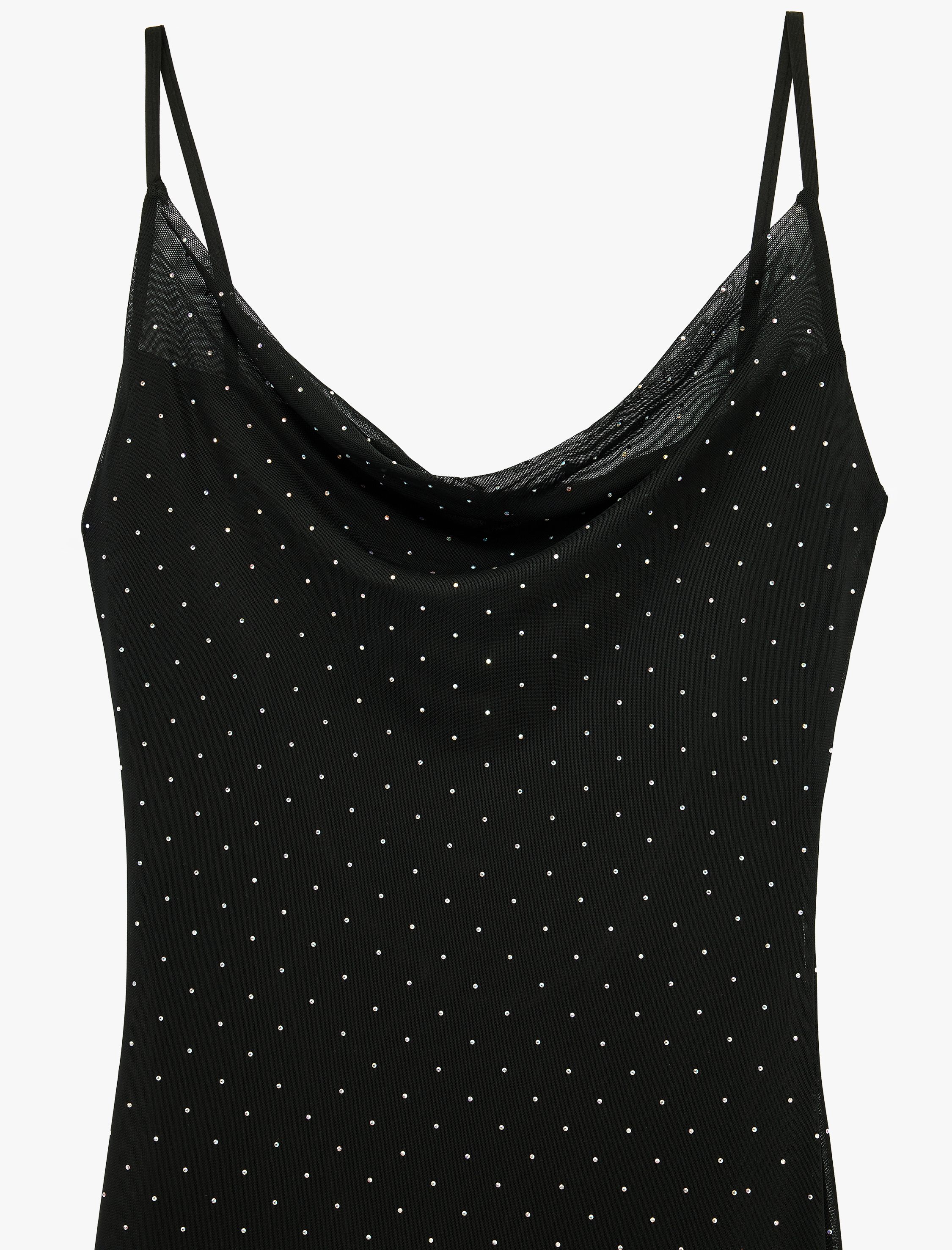 Degaje Yaka Asimetrik Kesim Kolsuz Taş Detaylı Uzun Abiye Tül Elbise - Görsel 5