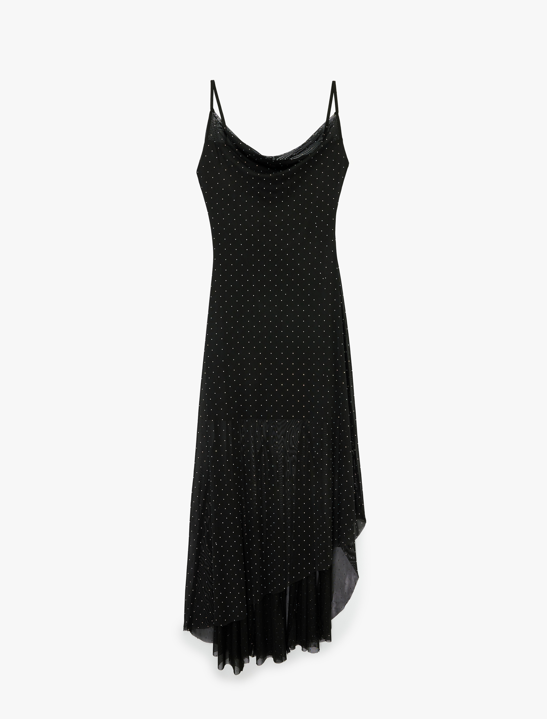 Degaje Yaka Asimetrik Kesim Kolsuz Taş Detaylı Uzun Abiye Tül Elbise - Görsel 3