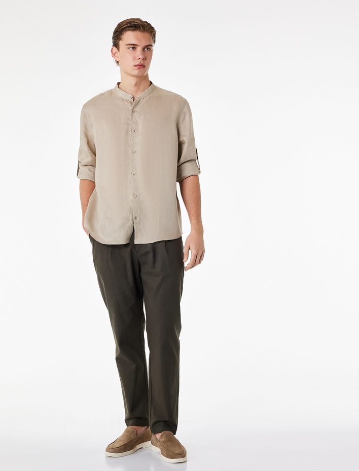  Regular Fit Uzun Kollu Hakim Yaka Keten Gömlek