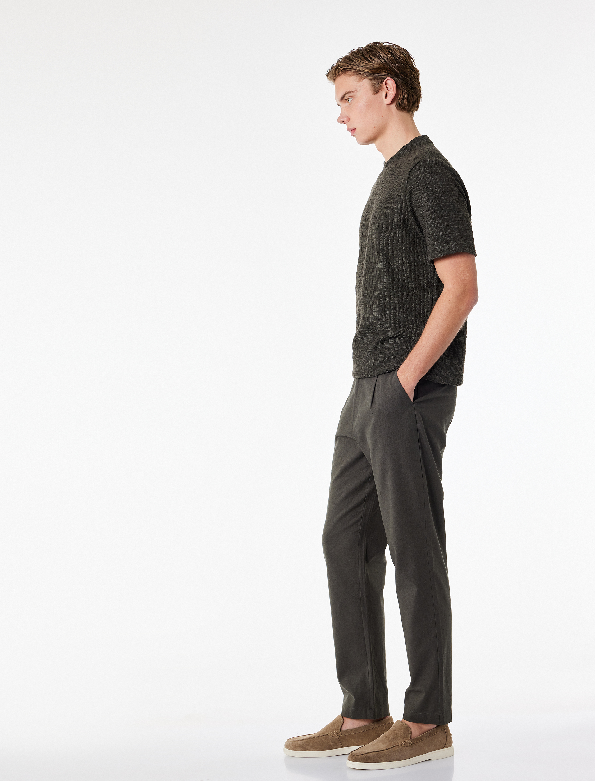 Regular Fit Beli Lastikli Düğmeli Düz Paça Keten Karışımlı Chino Pantolon - Görsel 2