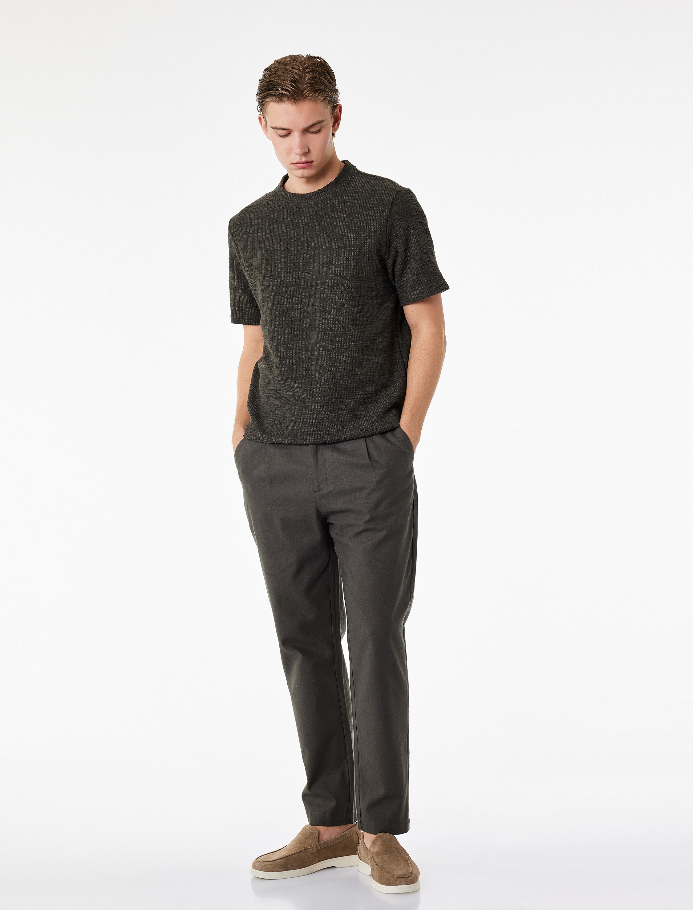 Regular Fit Beli Lastikli Düğmeli Düz Paça Keten Karışımlı Chino Pantolon