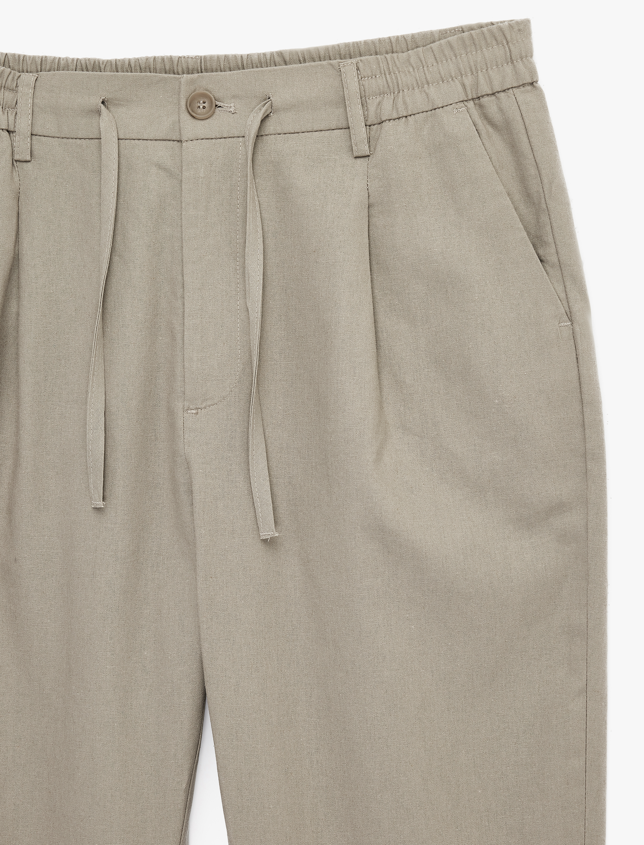 Regular Fit Beli Lastikli Düğmeli Düz Paça Keten Karışımlı Chino Pantolon - Görsel 5