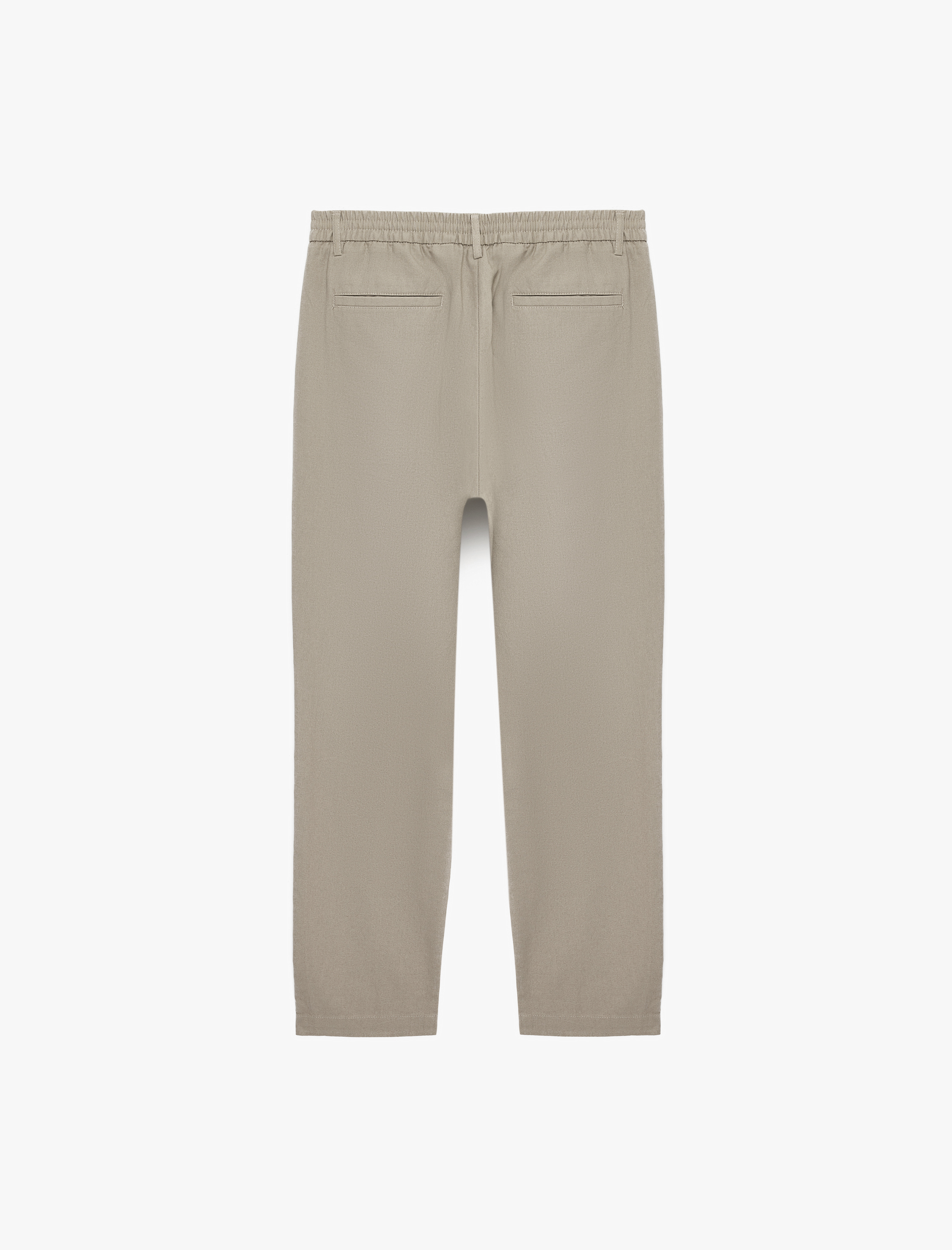 Regular Fit Beli Lastikli Düğmeli Düz Paça Keten Karışımlı Chino Pantolon - Görsel 4