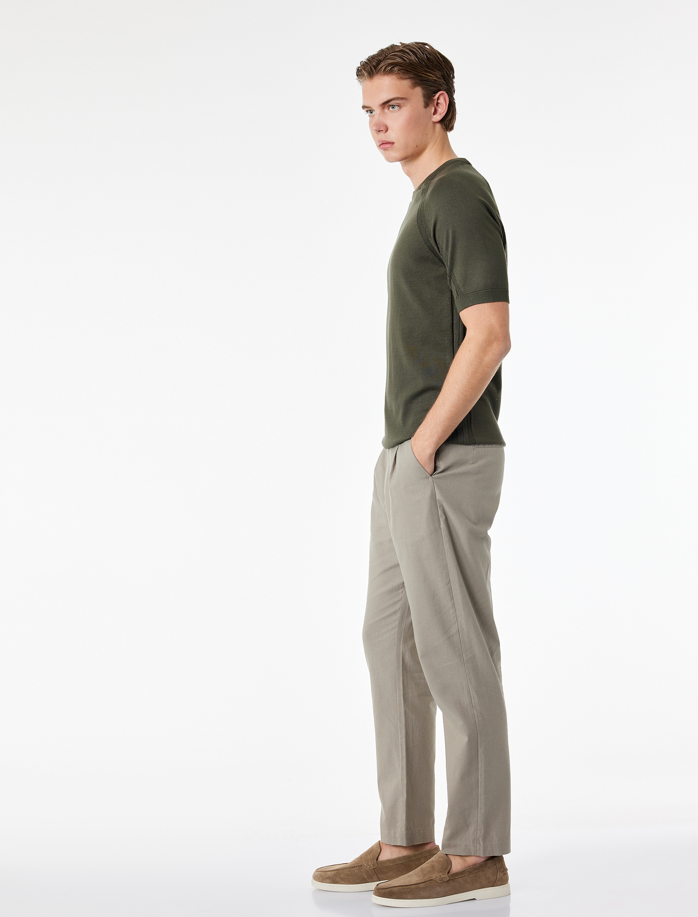 Regular Fit Beli Lastikli Düğmeli Düz Paça Keten Karışımlı Chino Pantolon - Görsel 2