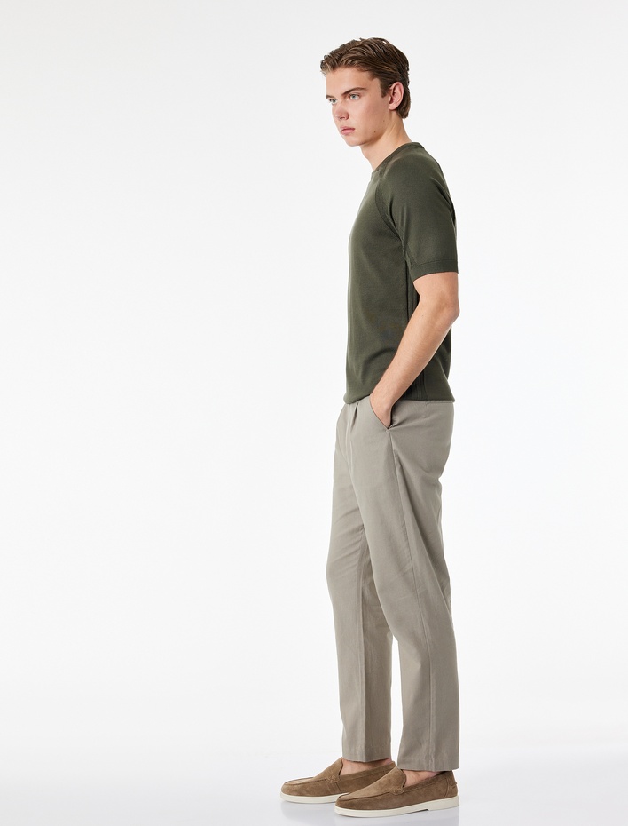  Regular Fit Beli Lastikli Düğmeli Düz Paça Keten Karışımlı Chino Pantolon