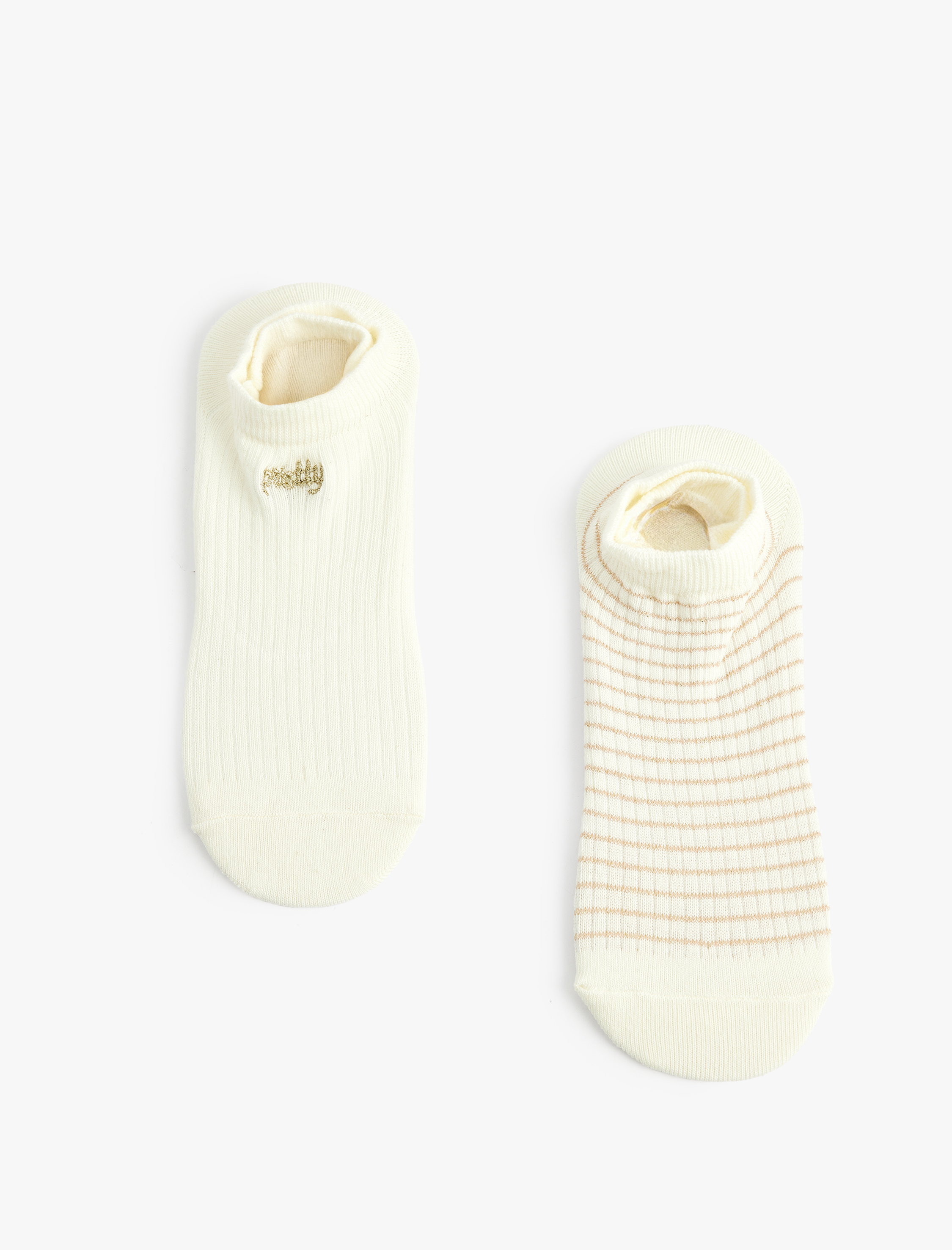  Kadın İşlemeli Çizgili Pamuklu 2'li Görünmez Çorap Seti