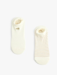 İşlemeli Çizgili Pamuklu 2'li Görünmez Çorap Seti