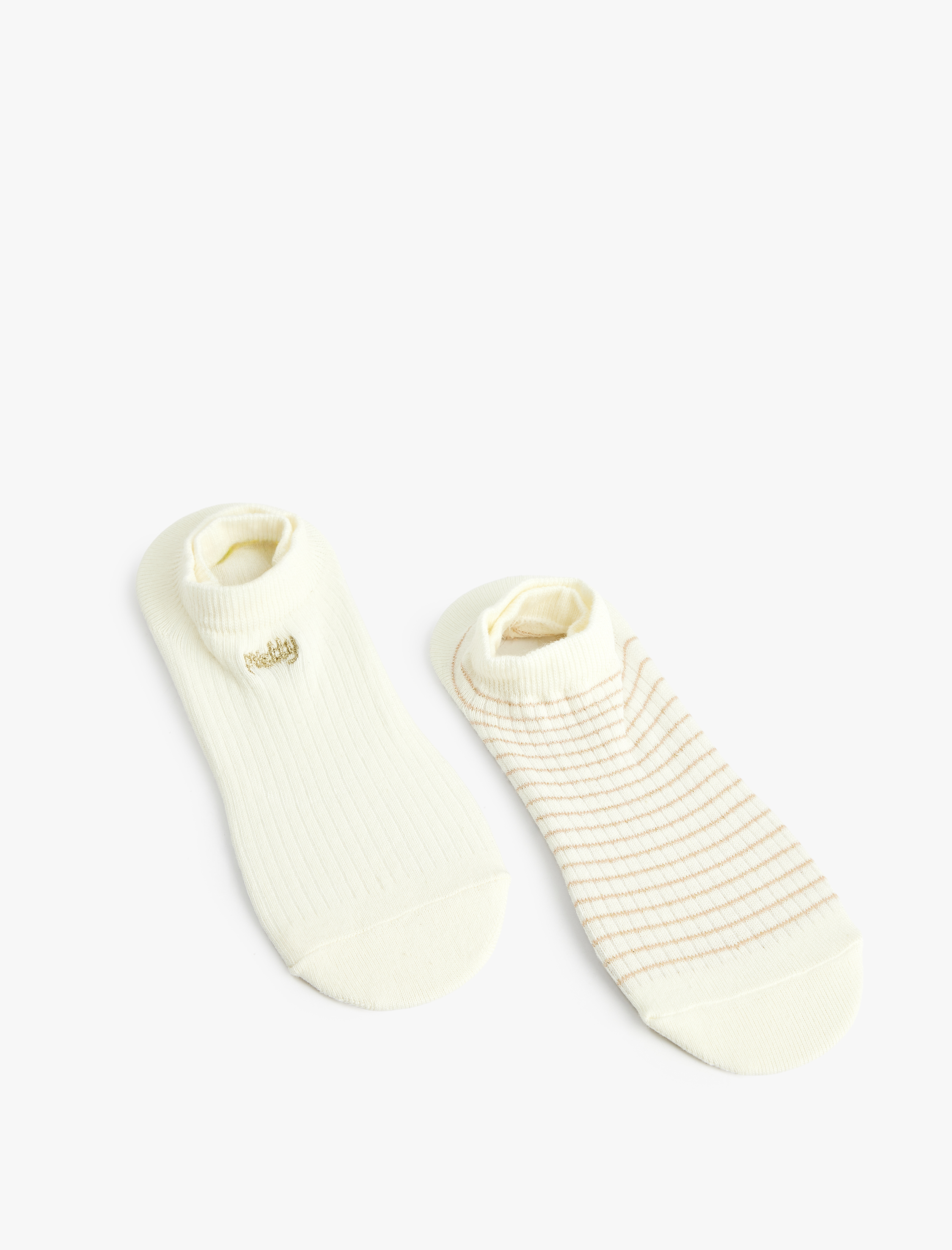  Kadın İşlemeli Çizgili Pamuklu 2'li Görünmez Çorap Seti