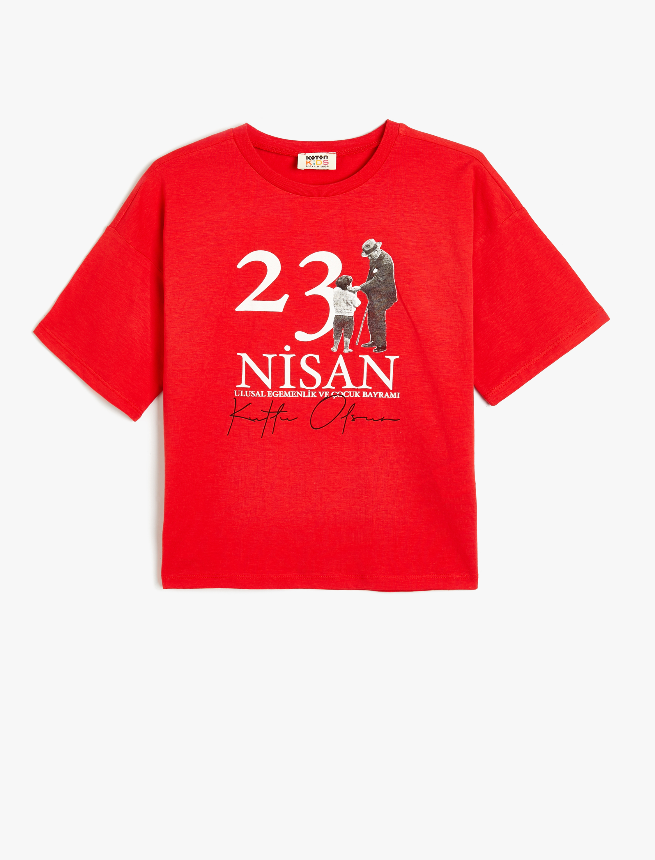  Kız Çocuk 23 Nisan Baskılı Tişört Bisiklet Yaka Kısa Kollu Pamuklu