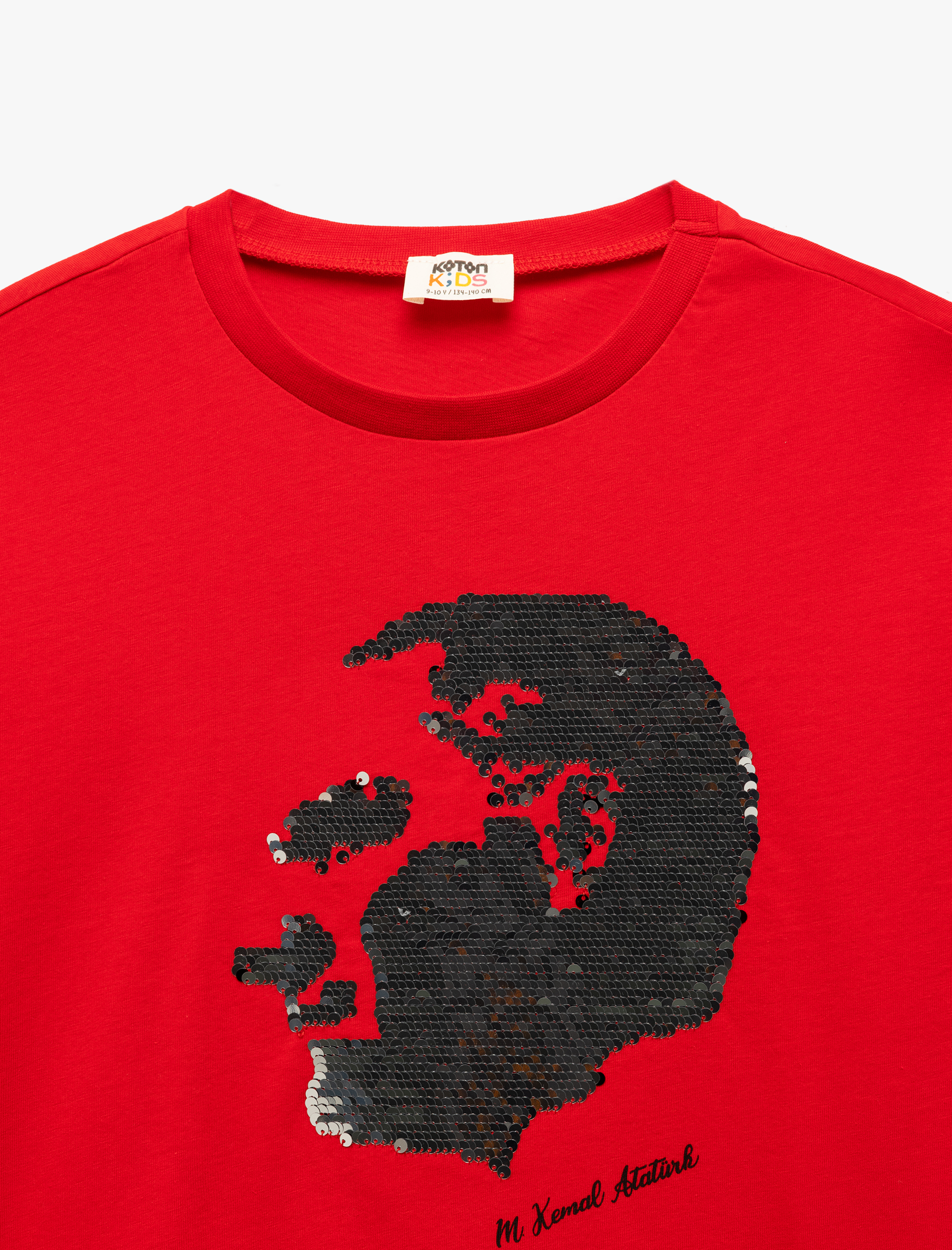  Erkek Çocuk Pullu Payetli Atatürk Baskılı Kısa Kollu Bisiklet Yaka Pamuklu Tişört