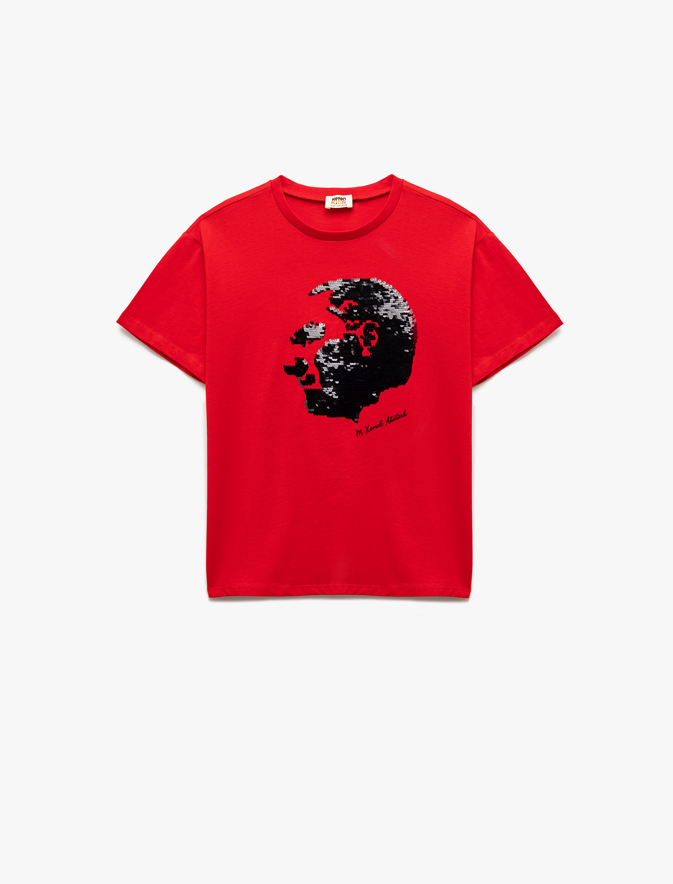  Erkek Çocuk Pullu Payetli Atatürk Baskılı Kısa Kollu Bisiklet Yaka Pamuklu Tişört