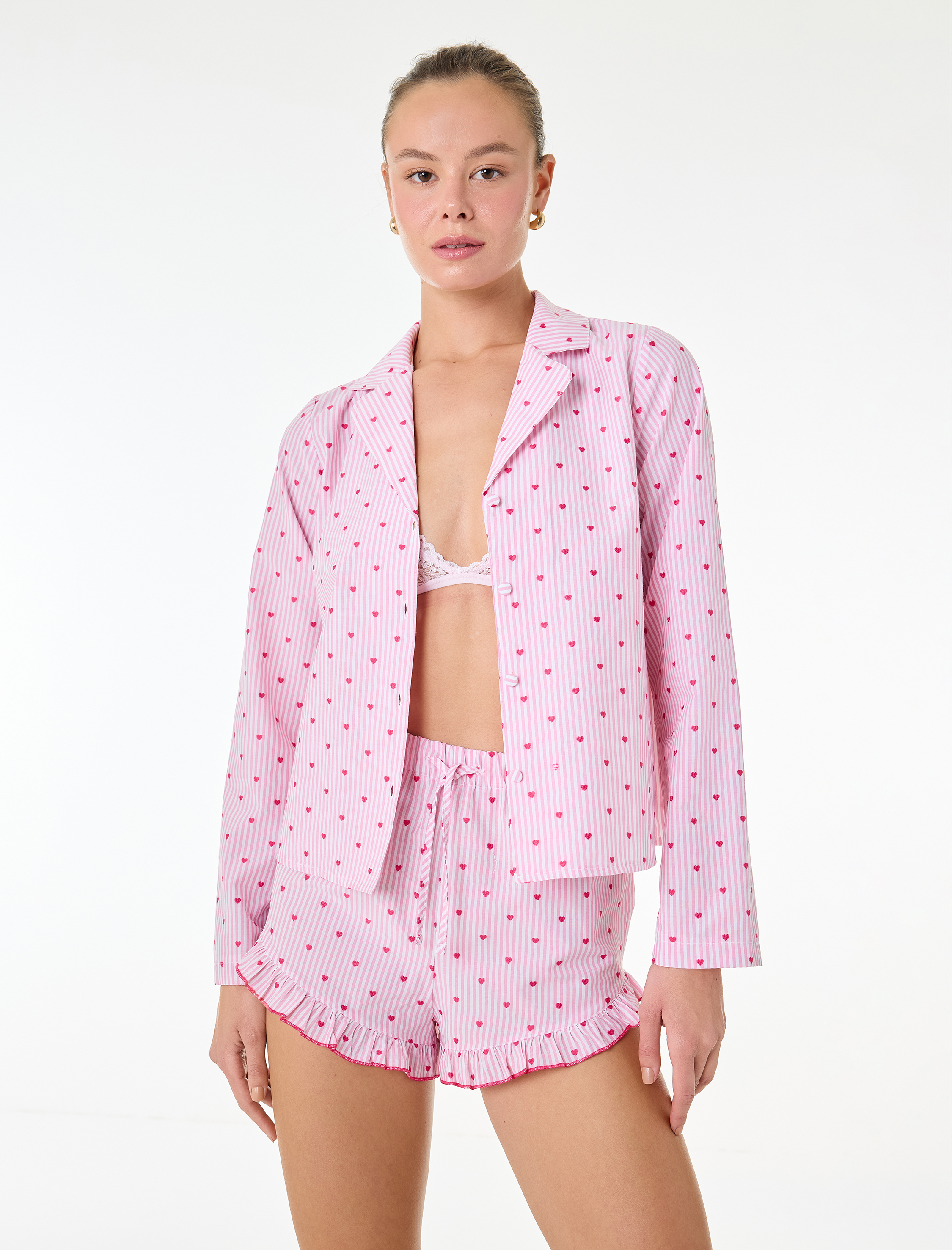   Uzun Kollu Düğmeli Gömlek Yaka Kalpli Çizgili Pijama Üstü