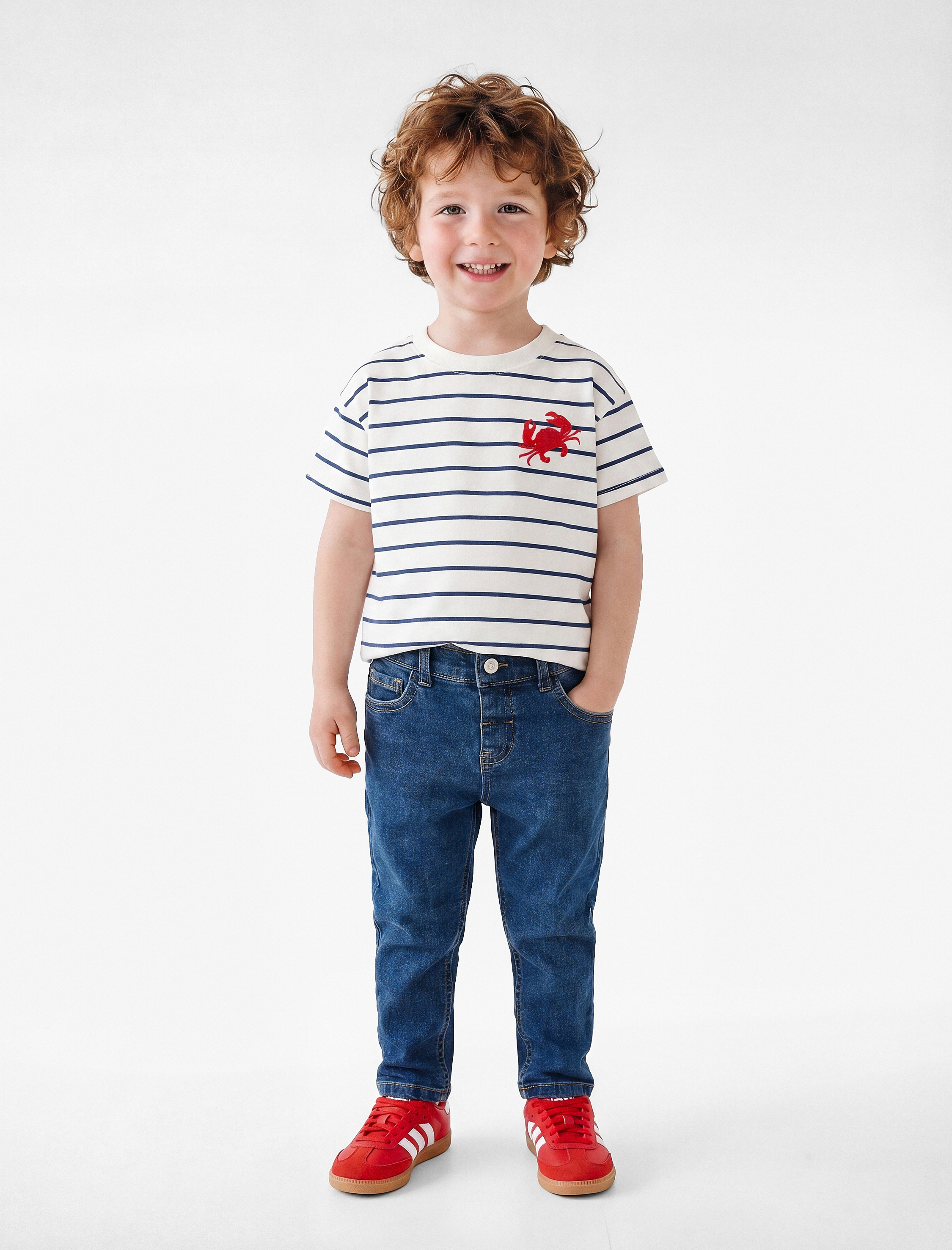  Erkek Bebek Pamuklu Yengeç Nakış Detaylı Kısa Kollu Bisiklet Yaka Çizgili Tişört