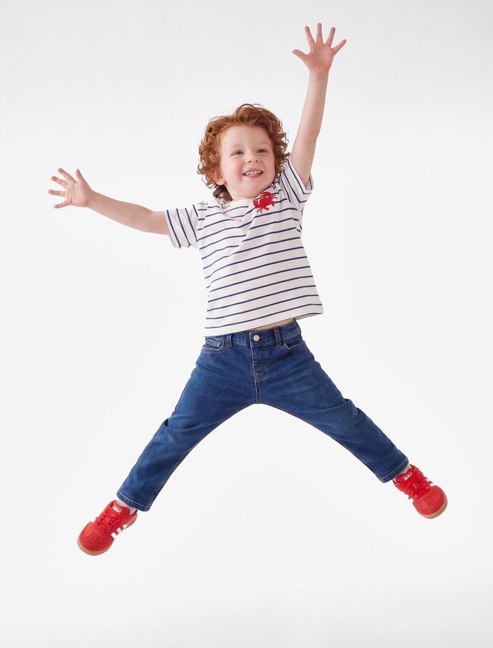 Erkek Bebek Pamuklu Yengeç Nakış Detaylı Kısa Kollu Bisiklet Yaka Çizgili Tişört