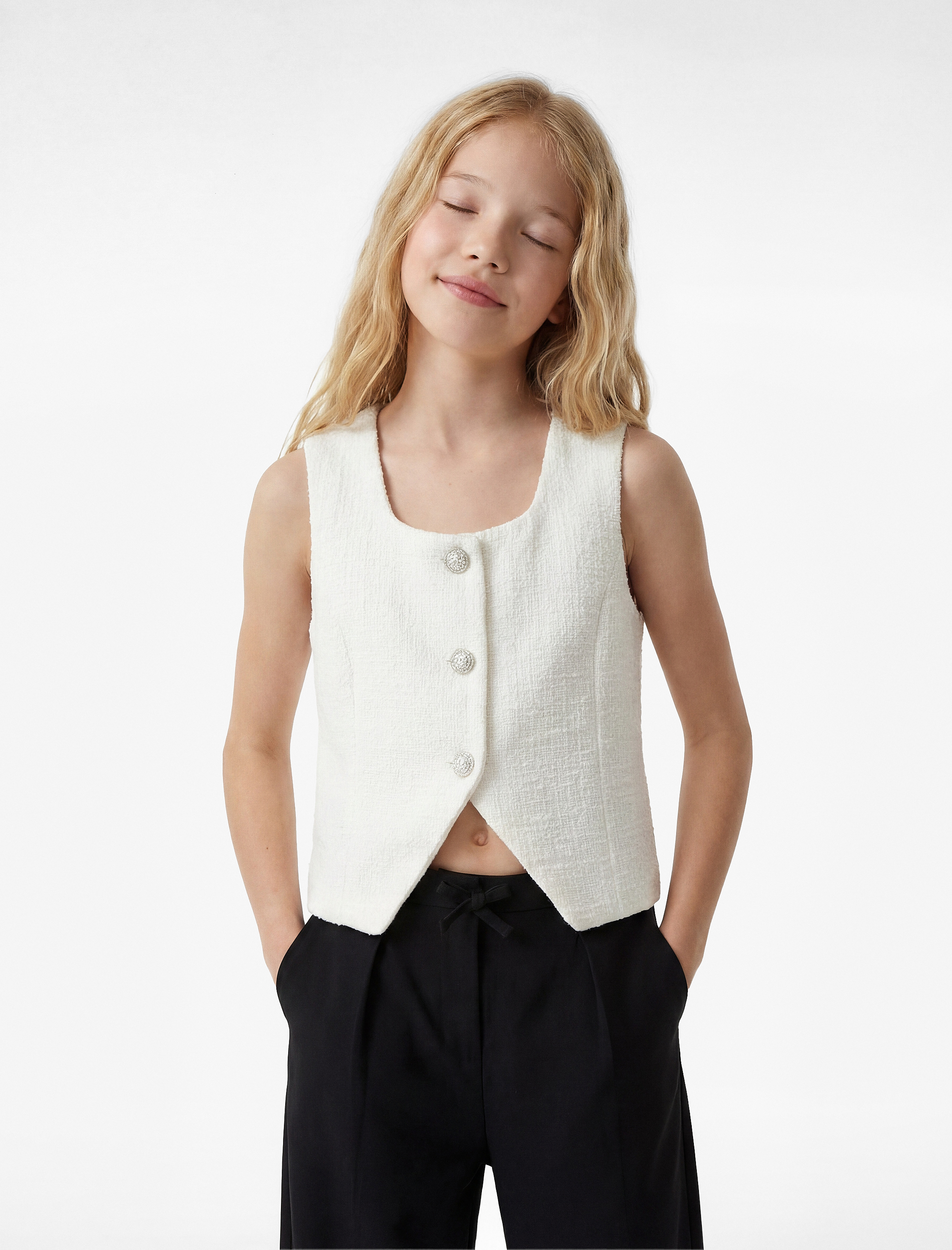 Kolsuz Kare Yaka Düğmeli Crop Tüvit Bluz - Görsel 2