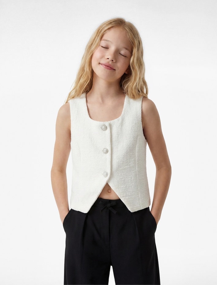 Kız Çocuk Kolsuz Kare Yaka Düğmeli Crop Tüvit Bluz