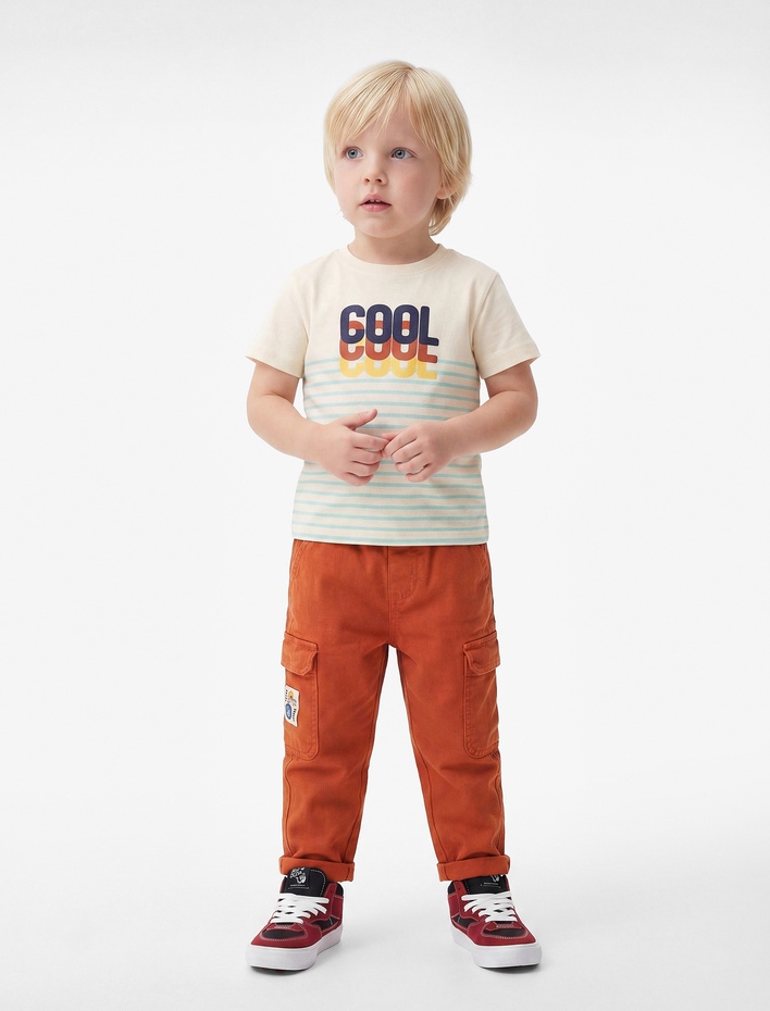 Erkek Bebek Baskılı Kısa Kollu Bisiklet Yaka Pamuklu Tişört