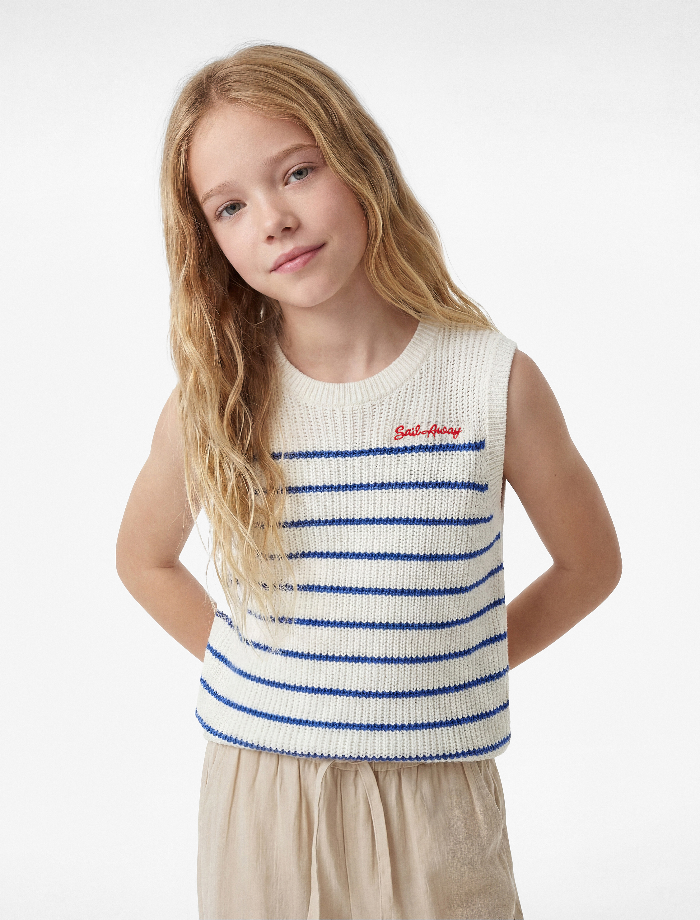  Kız Çocuk Pamuklu Kolsuz Bisiklet Yaka Çizgili Triko Süveter