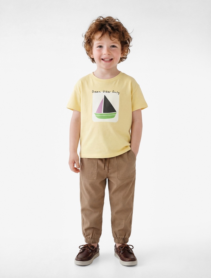 Erkek Bebek Pamuklu Kısa Kollu Bisiklet Yaka Baskılı Tişört