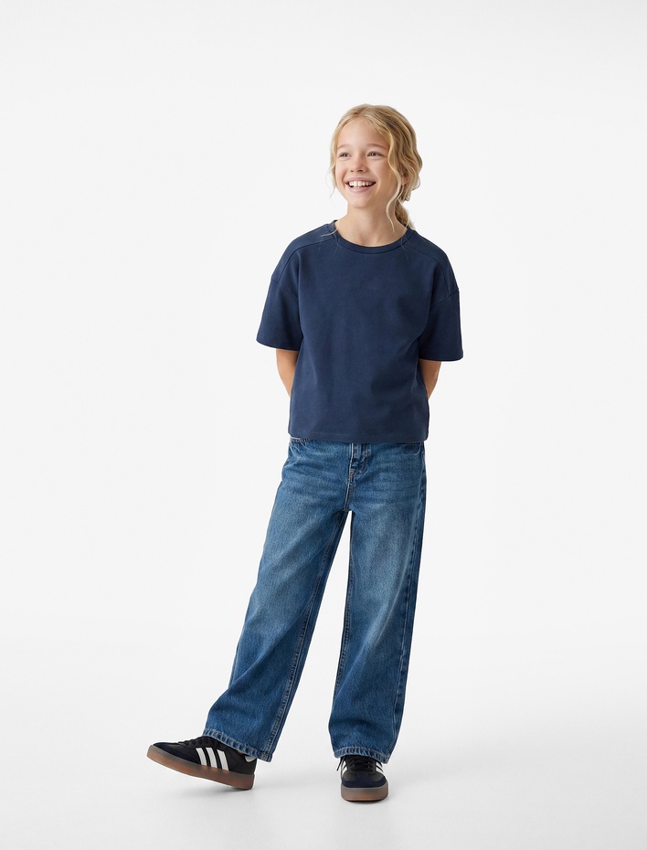 Kız Çocuk Pamuklu Yıldız Detaylı Cepli Geniş Paça Denim Pantolon