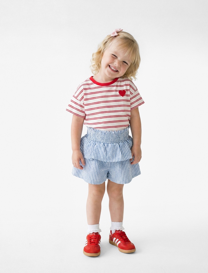 Kız Bebek Gipeli Yüksek Bel Katlı Pileli Çizgili Etek