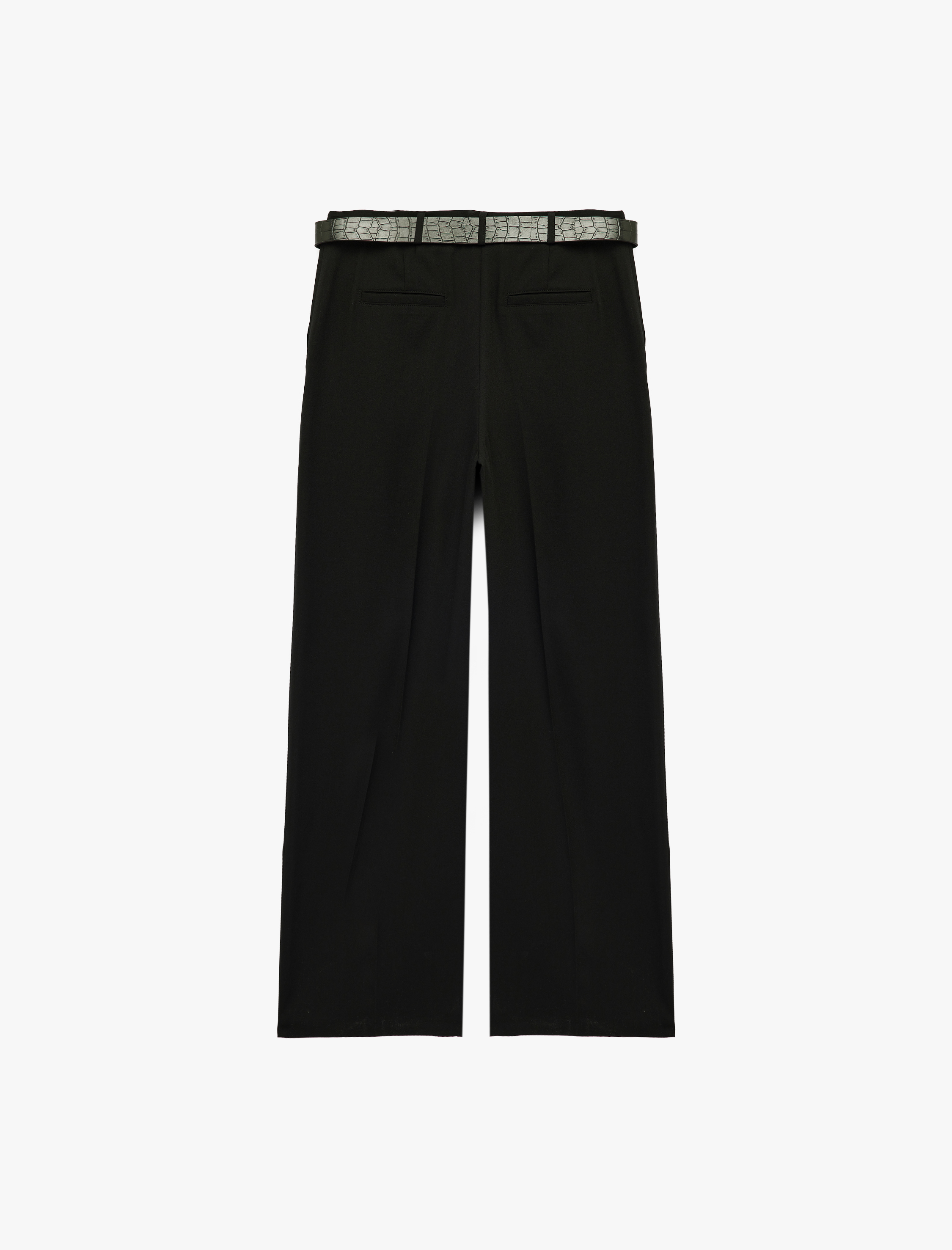   Yüksek Bel Cepli Kemer Detaylı Viskon Karışımlı Geniş Paça Pantolon