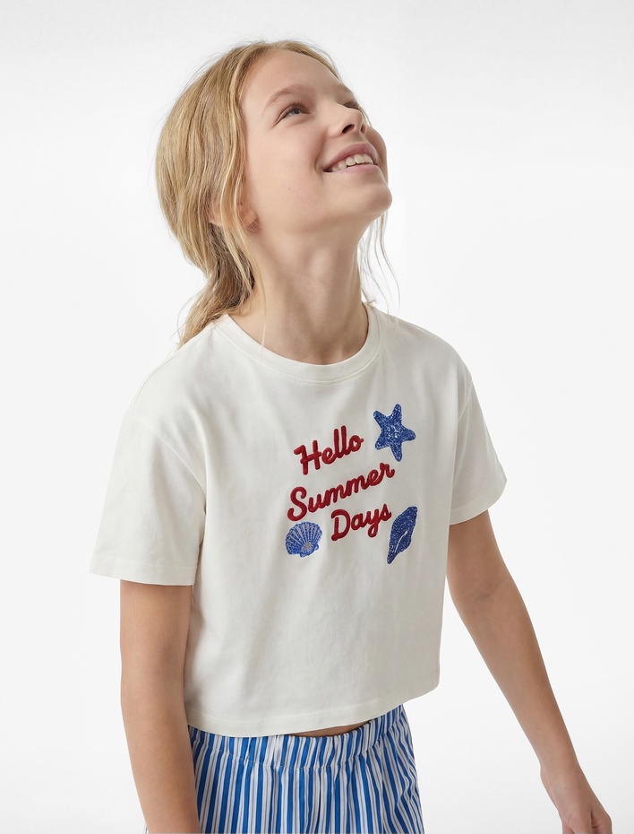 Kız Çocuk Pullu Payetli Bisiklet Yaka Kısa Kollu Pamuklu Tişört