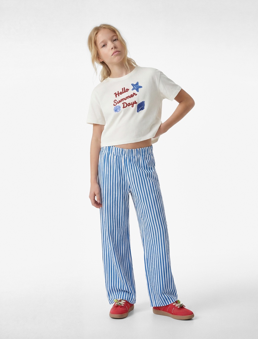 Koton Pullu Payetli Bisiklet Yaka Kısa Kollu Pamuklu T-Shirt