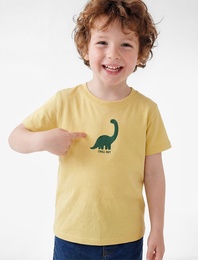 Kısa Kollu Bisiklet Yaka Pamuklu Dinozor Baskılı Tişört