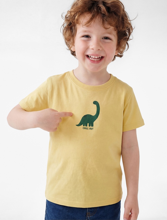 Erkek Bebek Kısa Kollu Bisiklet Yaka Pamuklu Dinozor Baskılı Tişört