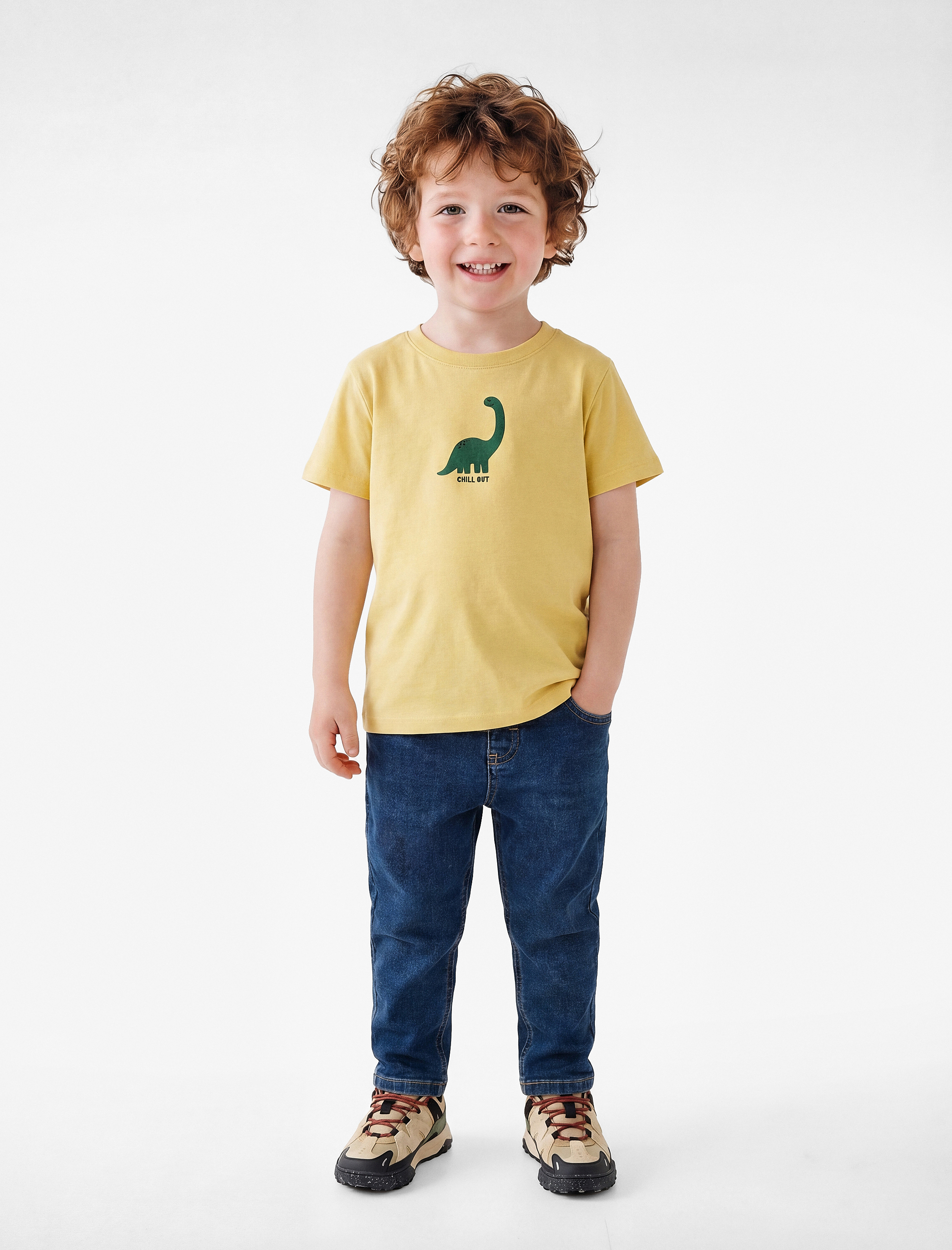  Erkek Bebek Kısa Kollu Bisiklet Yaka Pamuklu Dinozor Baskılı Tişört