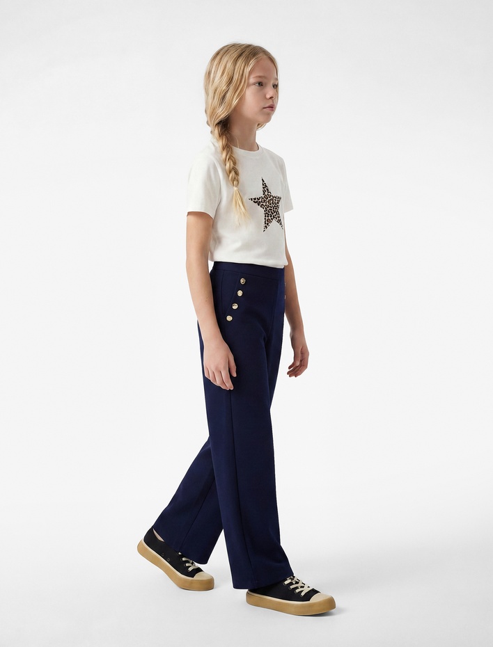 Kız Çocuk Düğme Detaylı Viskon Karışımlı Geniş Paça Pantolon