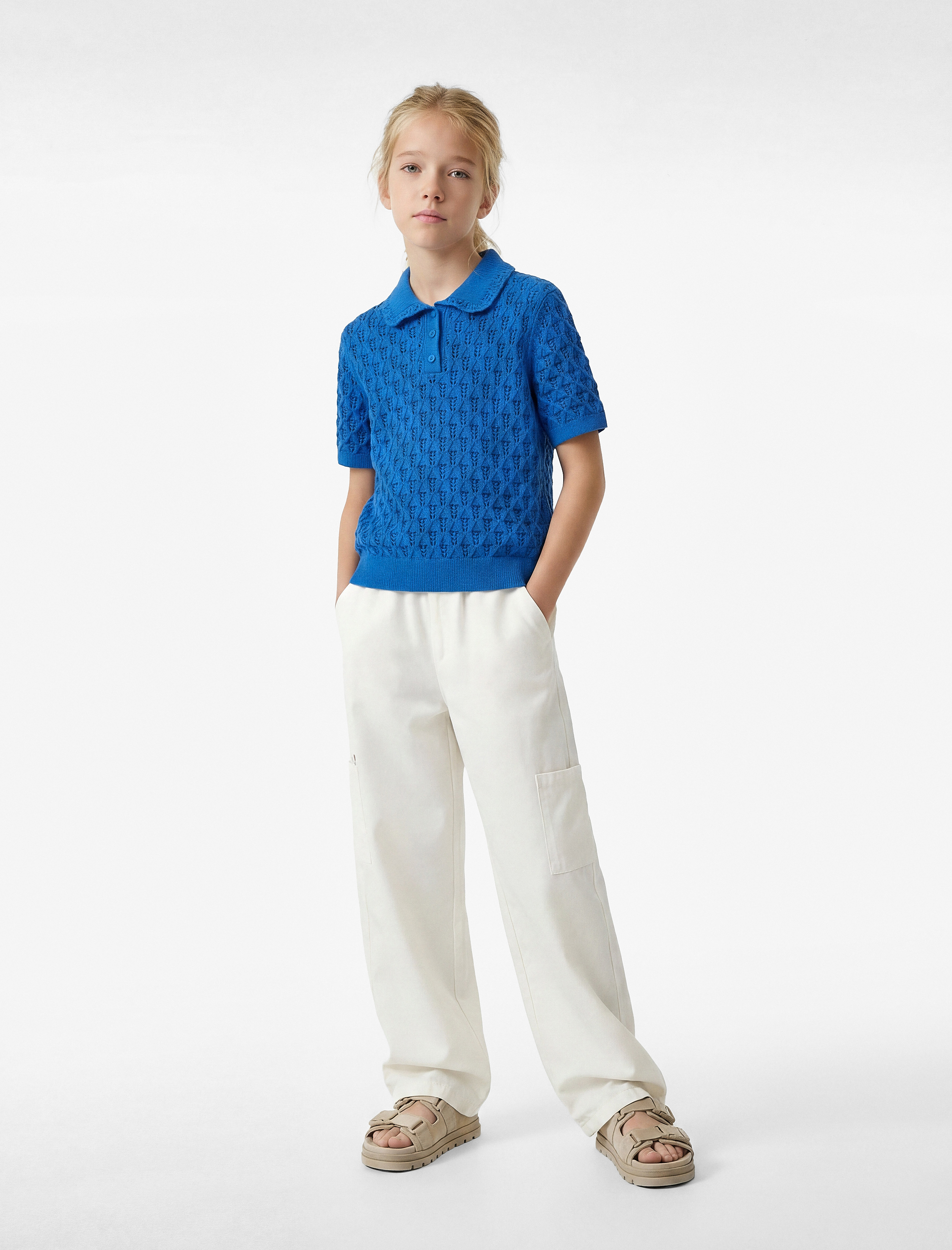  Kız Çocuk Pamuklu Kısa Kollu Gömlek Yaka Ajurlu Triko Kazak