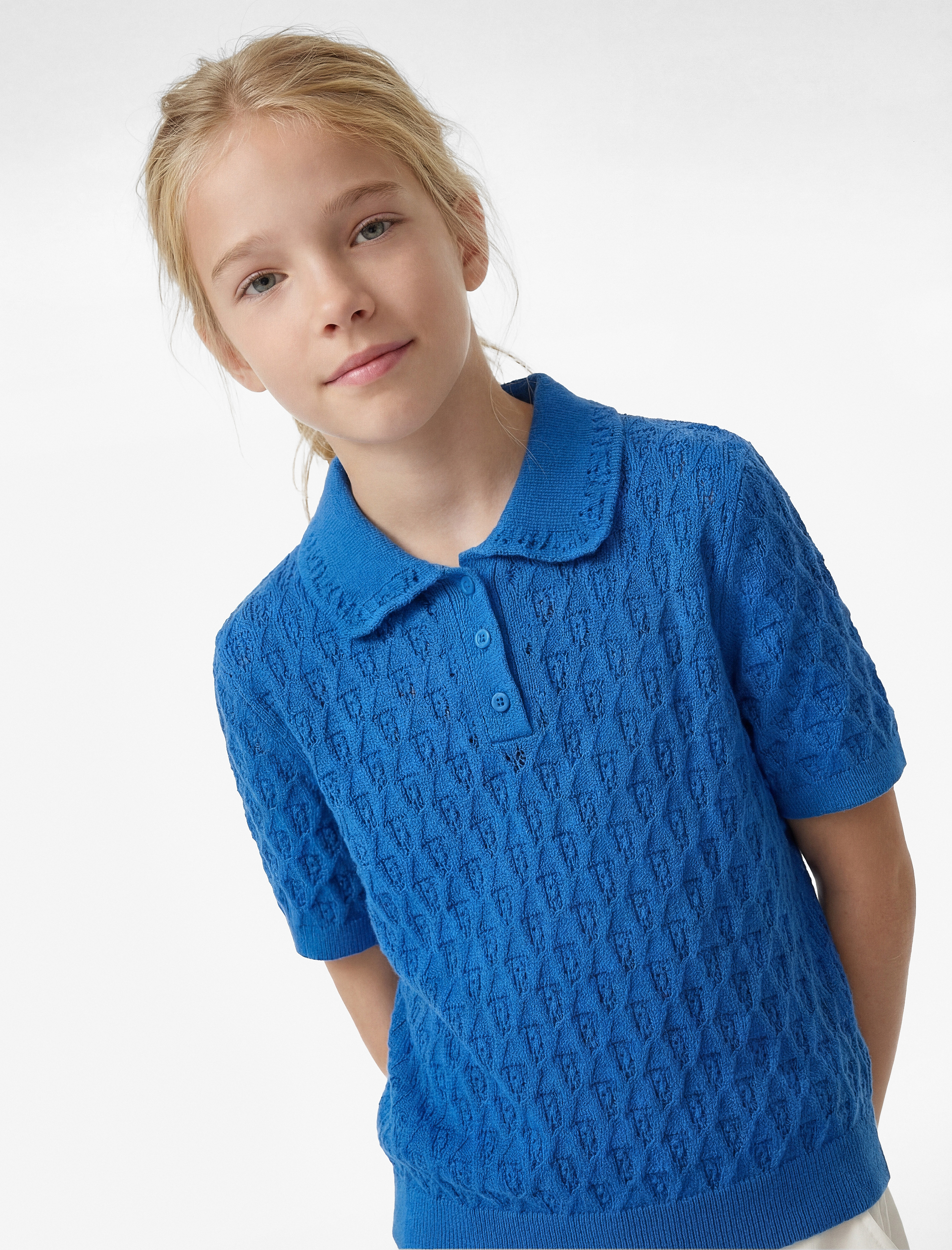  Kız Çocuk Pamuklu Kısa Kollu Gömlek Yaka Ajurlu Triko Kazak