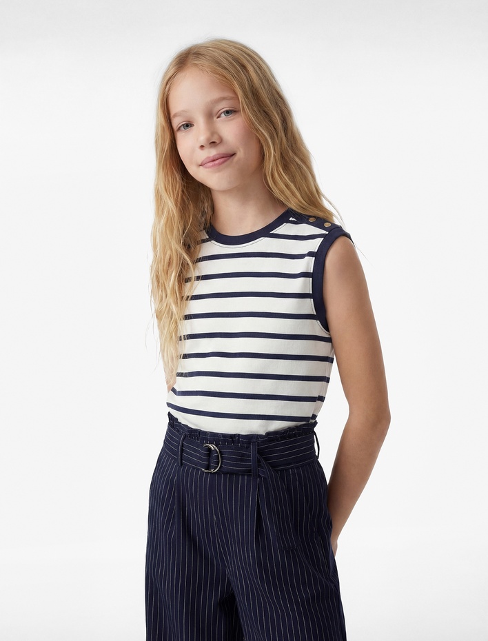 Kız Çocuk Pamuklu Aksesuar Düğme Detaylı Bisiklet Yaka Çizgili Kolsuz Tişört