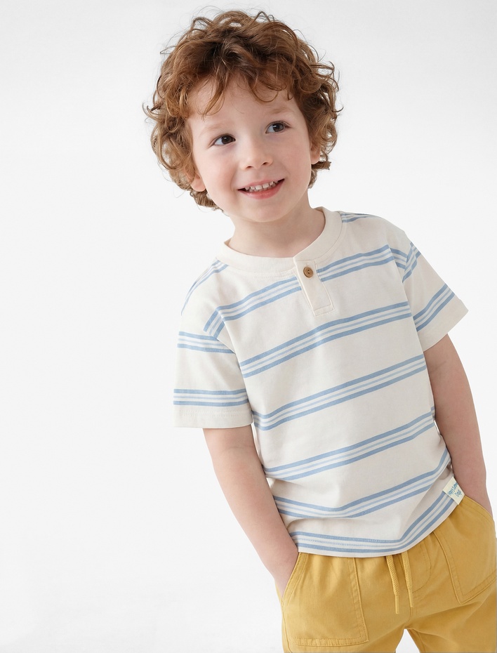 Erkek Bebek Pamuklu Düğme Detaylı Kısa Kollu Bisiklet Yaka Çizgili Tişört