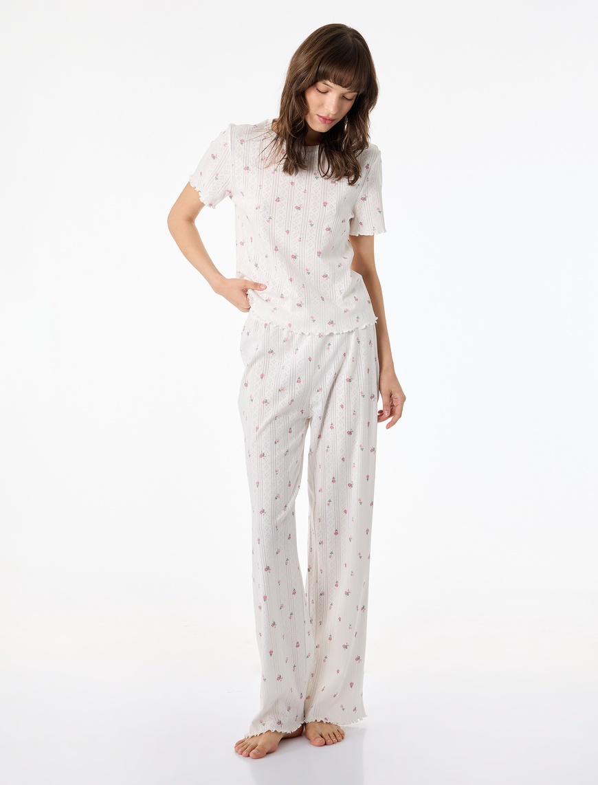 Koton Kadın Pamuklu Kısa Kollu Bisiklet Yaka Çiçek Desenli Pijama Takımı – 2’li Set