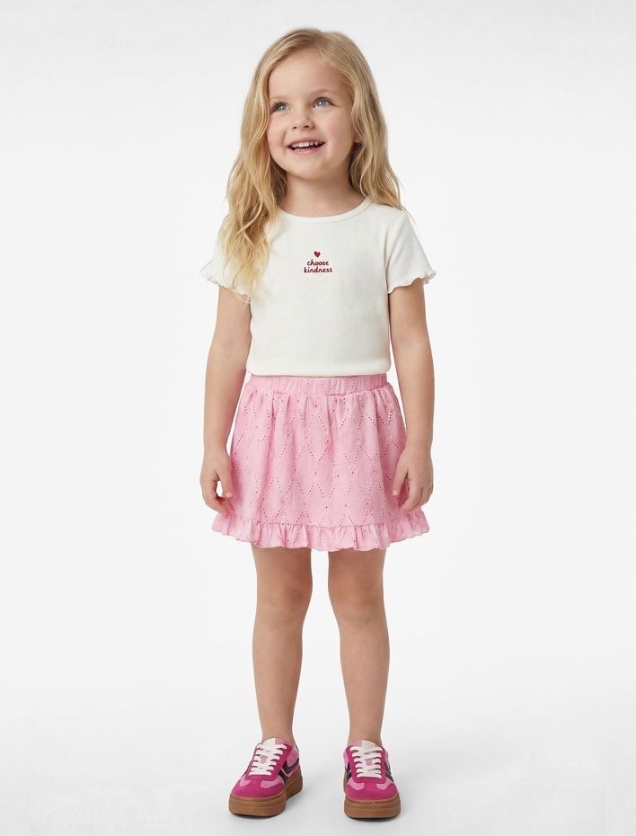 Kız Bebek Beli Lastikli Fırfır Detaylı A Kesim Brodeli Etek