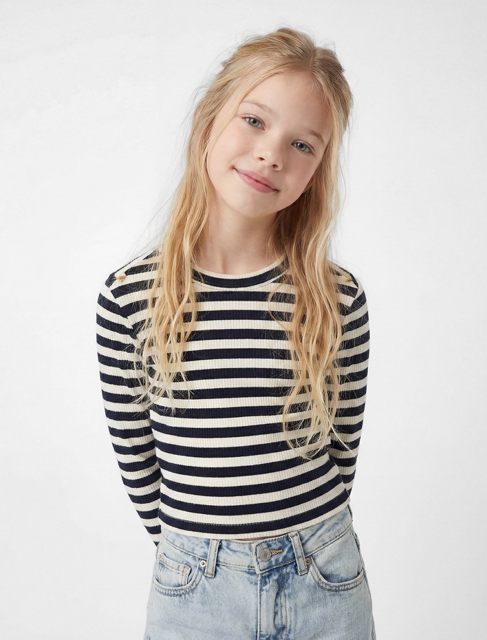 Kız Çocuk Pamuklu Uzun Kollu Bisiklet Yaka Slim Fit Çizgili Tişört