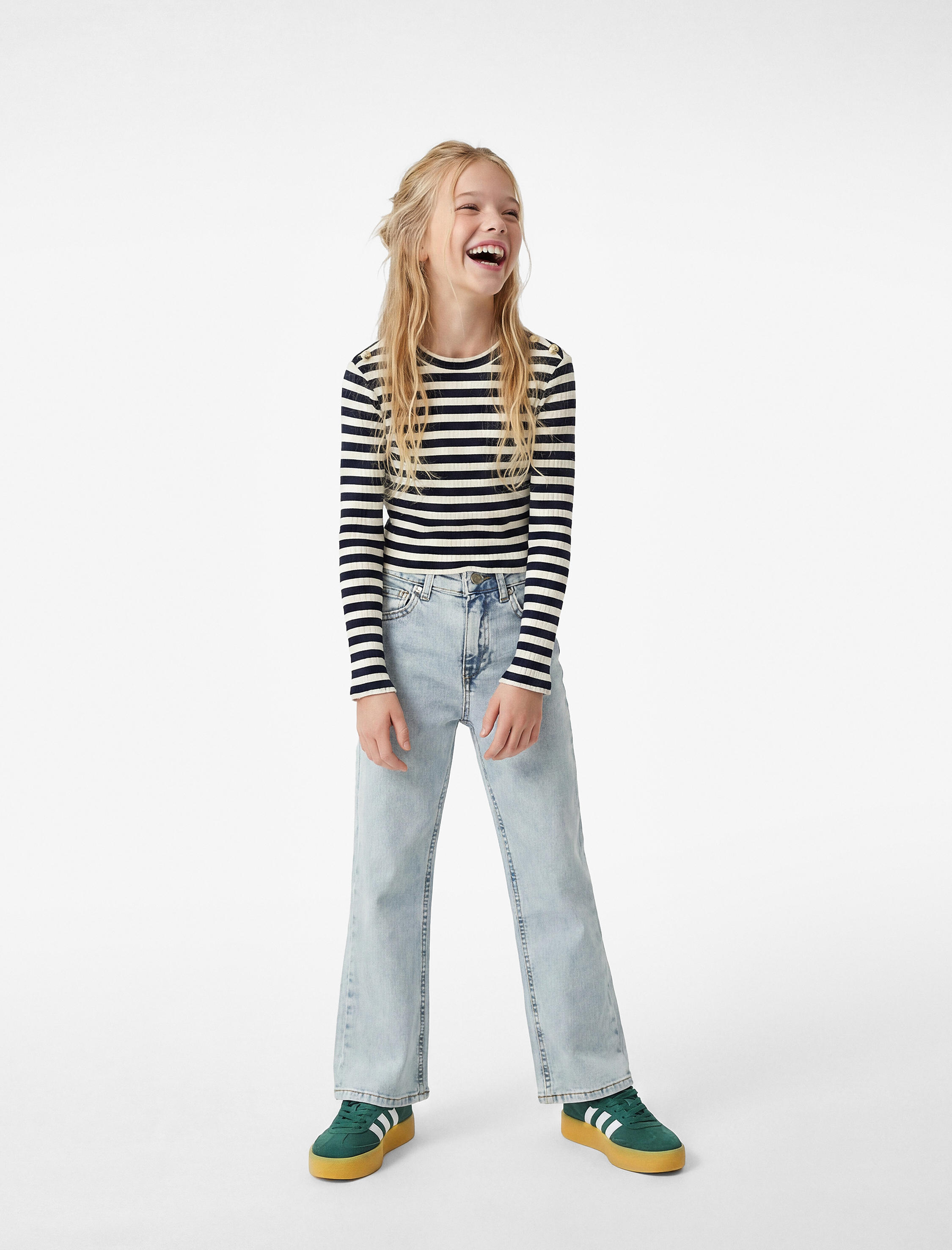  Kız Çocuk Pamuklu Uzun Kollu Bisiklet Yaka Slim Fit Çizgili Tişört