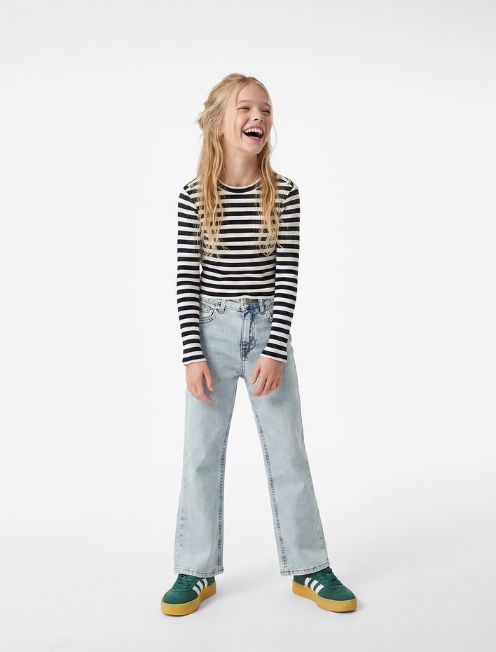 Kız Çocuk Pamuklu Uzun Kollu Bisiklet Yaka Slim Fit Çizgili Tişört