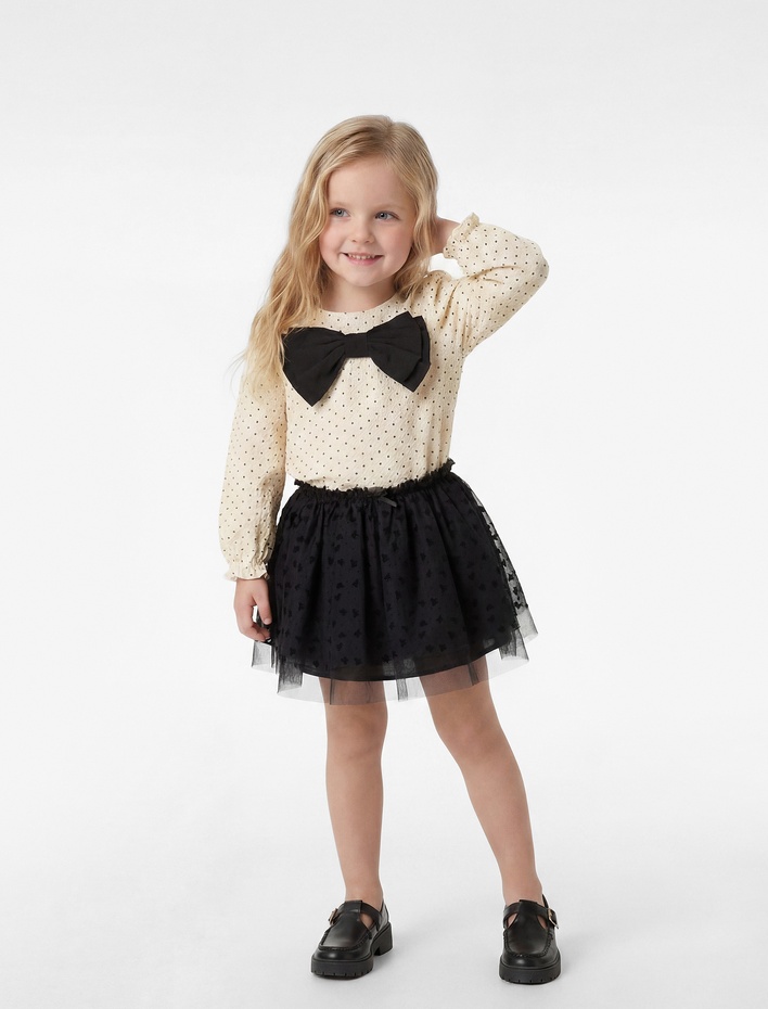 Kız Bebek Uzun Kollu Pamuk Viskon Karışımlı Dokulu Bisiklet Yaka Fiyonklu Puantiye Desenli Müslin Elbise