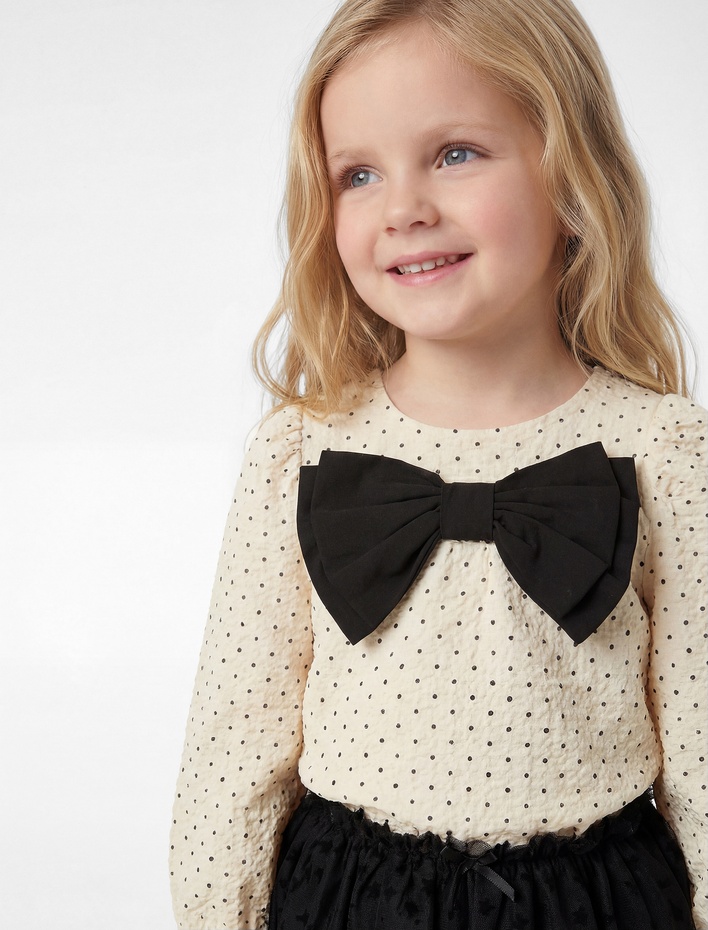 Kız Bebek Uzun Kollu Pamuk Viskon Karışımlı Dokulu Bisiklet Yaka Fiyonklu Puantiye Desenli Müslin Elbise